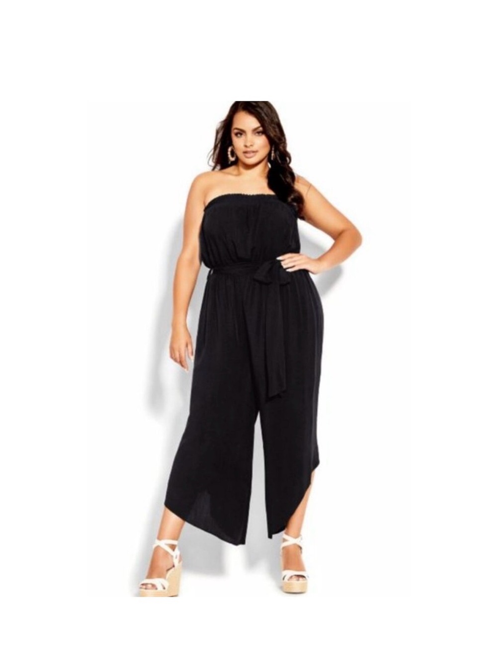 Strapless Black Wide-Leg Jumpsuit with Waist Tie. City chic.